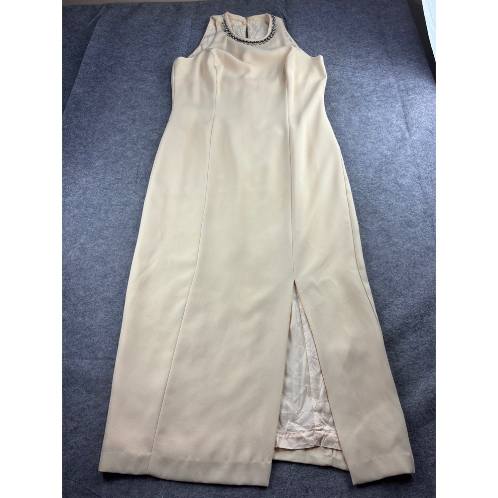Beige Embellished Neck Sleeveless Maxi Dress Front Slit Formal Evening Gownโ
